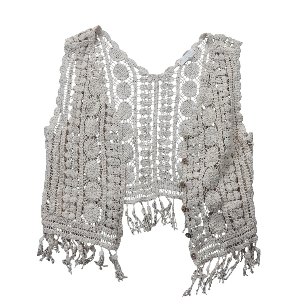 Rebellion Again Cream Crochet Fringe Vest Boho Festival Cropped XS Wood Buttons